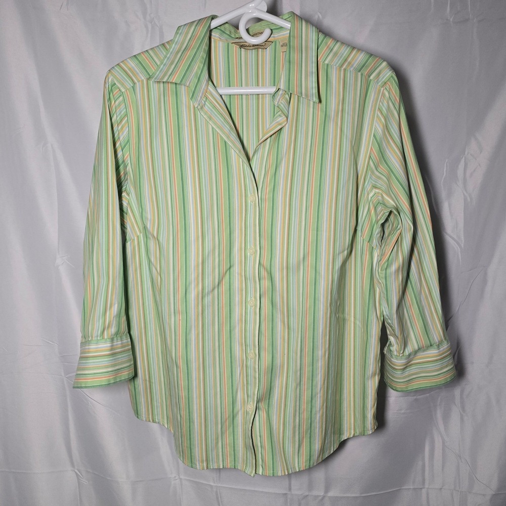 Eddie Bauer Womens Green Striped‎ Button Down Shirt Large farm cottage